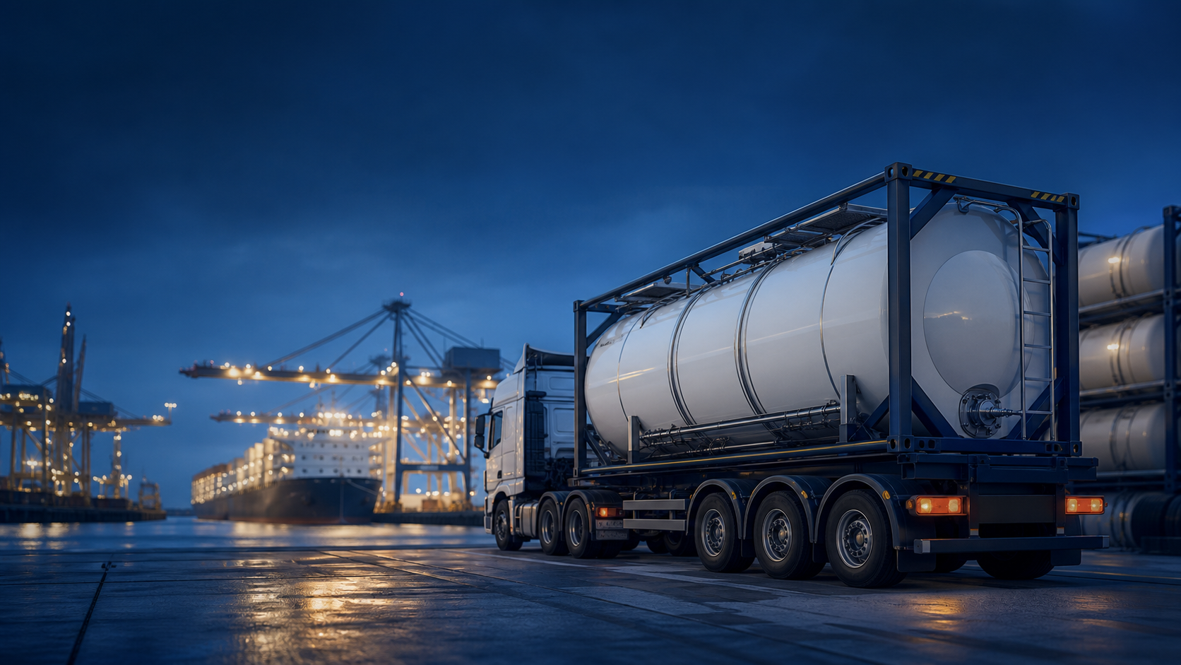 ISO tank container at a European intermodal port